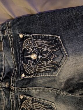 ZCO Jeans Dark Wash Jeans with Ornate White Embroidery and Rhinestone Accent
